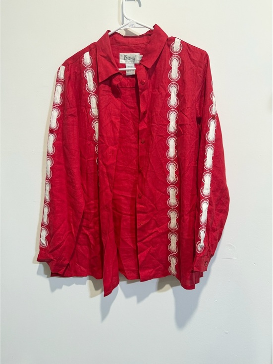 Tops - J Song Red Embroidered Collared Blouse Size 10 Long Sleeve